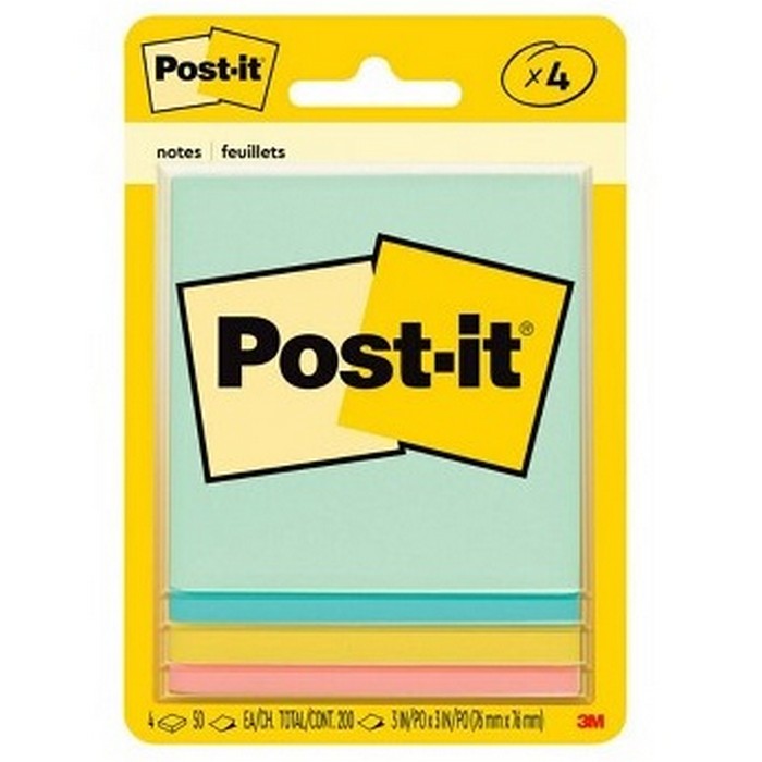 3M POST-IT NOTES 4pk 200 Sheets Color 3"x3"